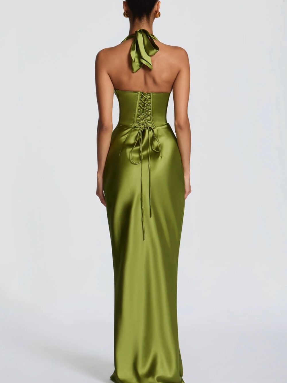 BABYBOO Olive Green Maxi Dress with Pleated Halter Bodice - Picture 3 of 10
